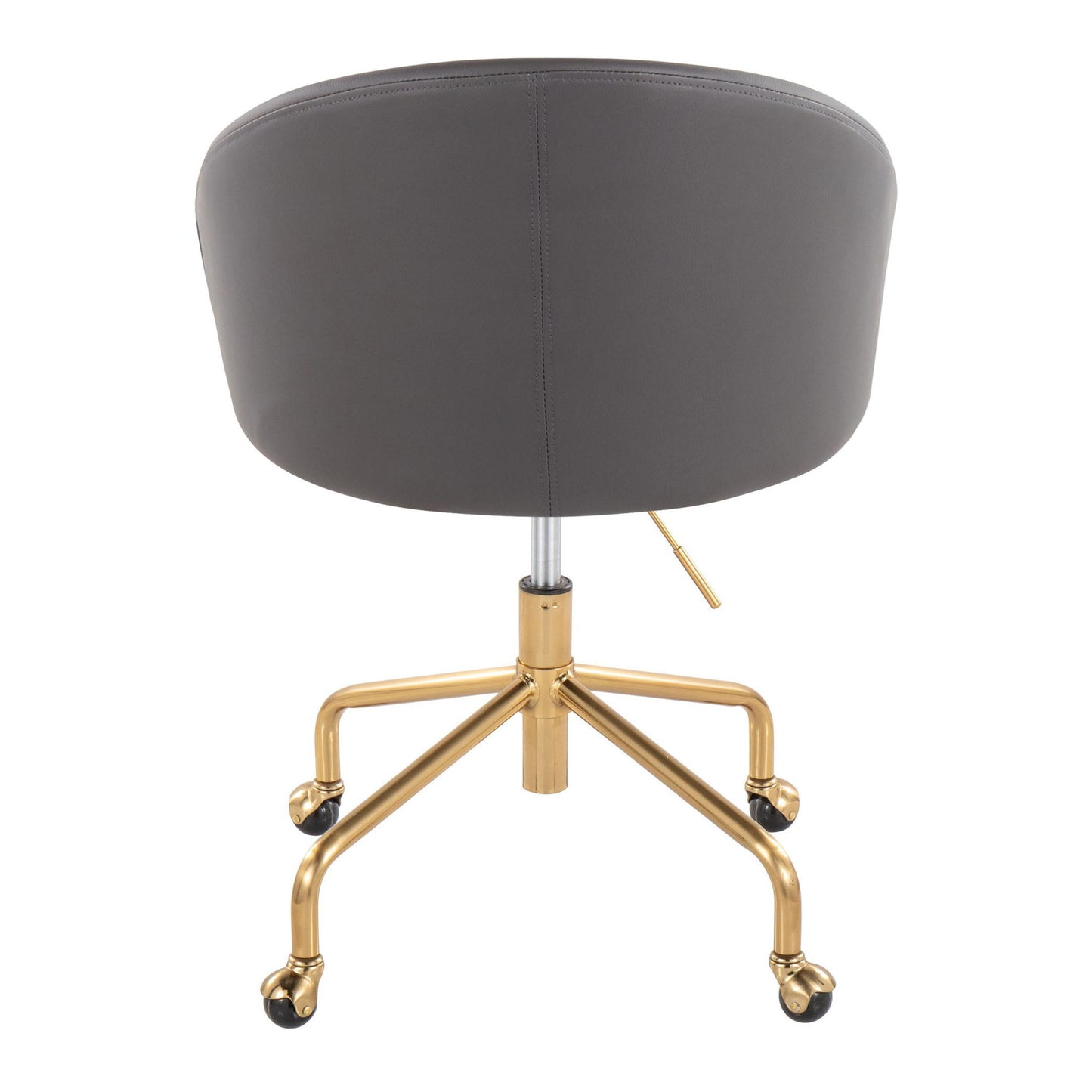 The Claire - Stylish Design Contemporary / Glam Task Chair features a gray, rounded upholstered backrest and seat, a gold metal base with four legs, and black caster wheels, shown from the back.