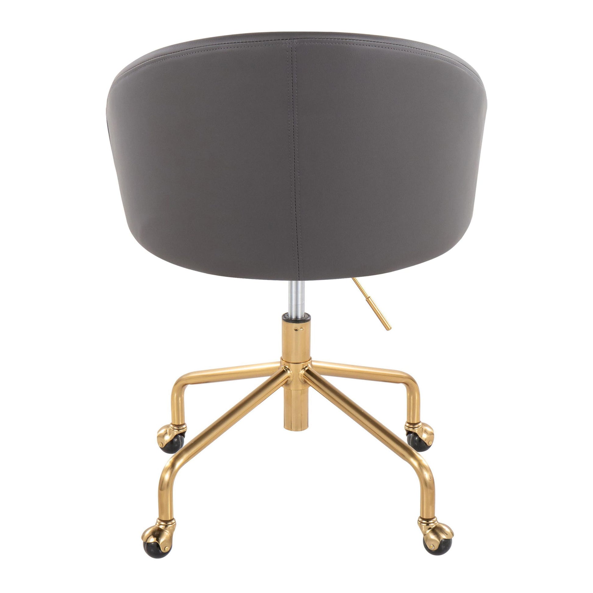 The Claire - Stylish Design Contemporary / Glam Task Chair features a gray, rounded upholstered backrest and seat, a gold metal base with four legs, and black caster wheels, shown from the back.
