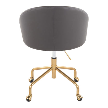 The Claire - Stylish Design Contemporary / Glam Task Chair features a gray, rounded upholstered backrest and seat, a gold metal base with four legs, and black caster wheels, shown from the back.