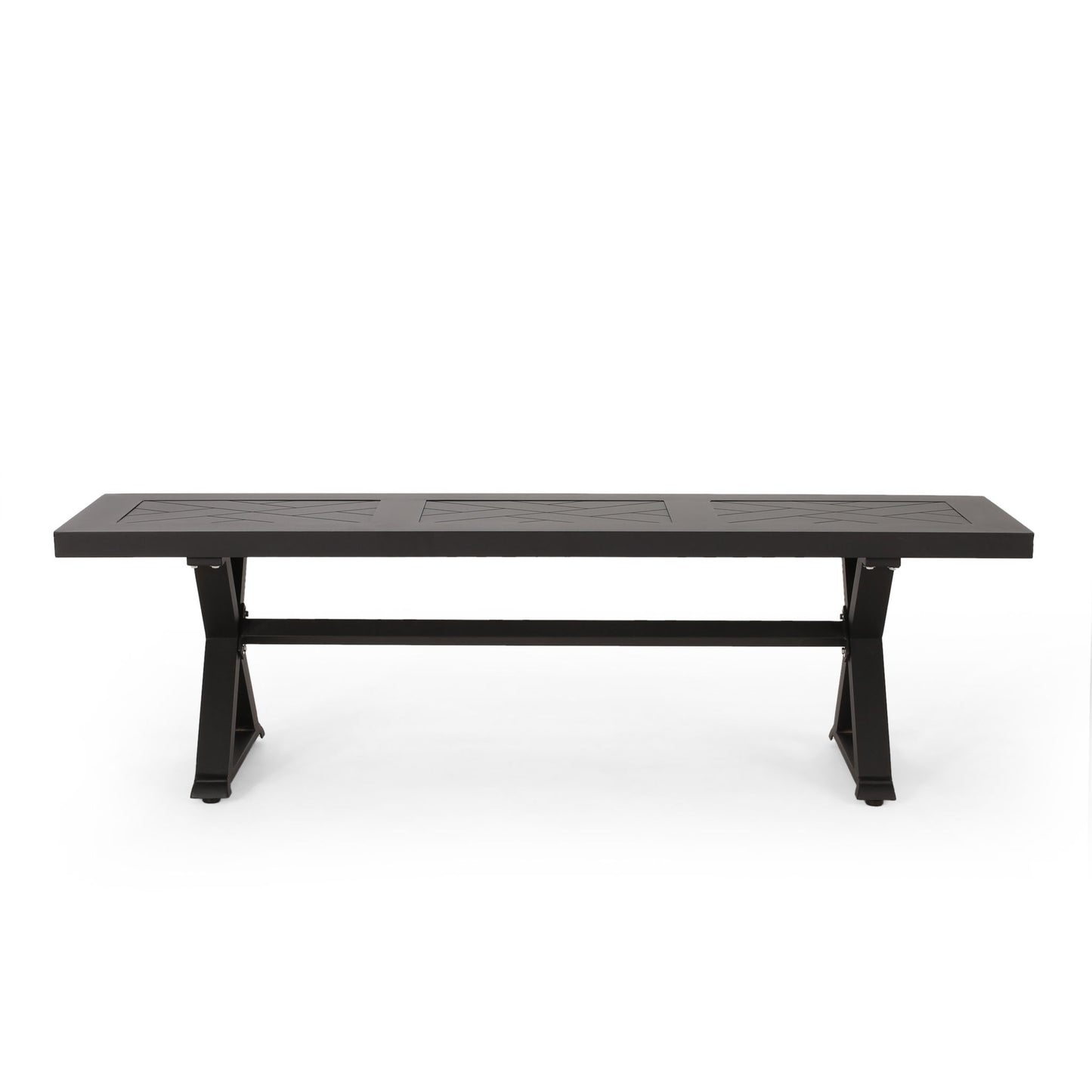 A modern, rectangular black aluminum outdoor dining bench with a simple, flat surface and sturdy X base is shown against a white background.