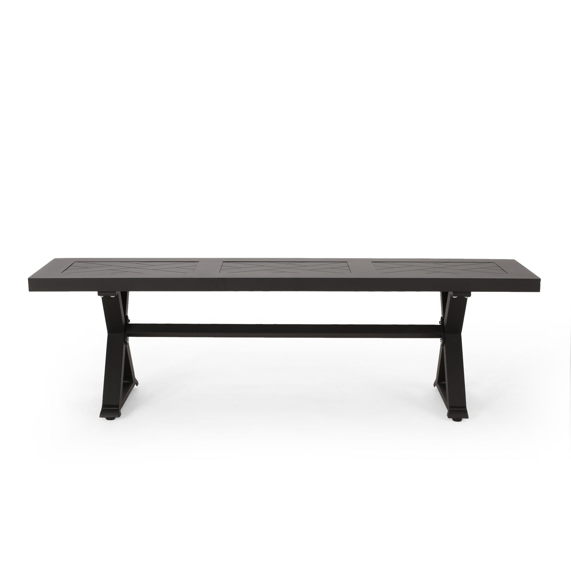 A modern, rectangular black aluminum outdoor dining bench with a simple, flat surface and sturdy X base is shown against a white background.