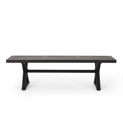 A modern, rectangular black aluminum outdoor dining bench with a simple, flat surface and sturdy X base is shown against a white background.