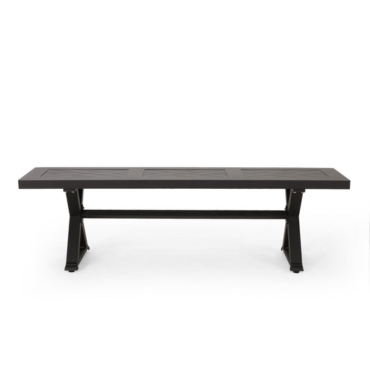 A modern, rectangular black aluminum outdoor dining bench with a simple, flat surface and sturdy X base is shown against a white background.