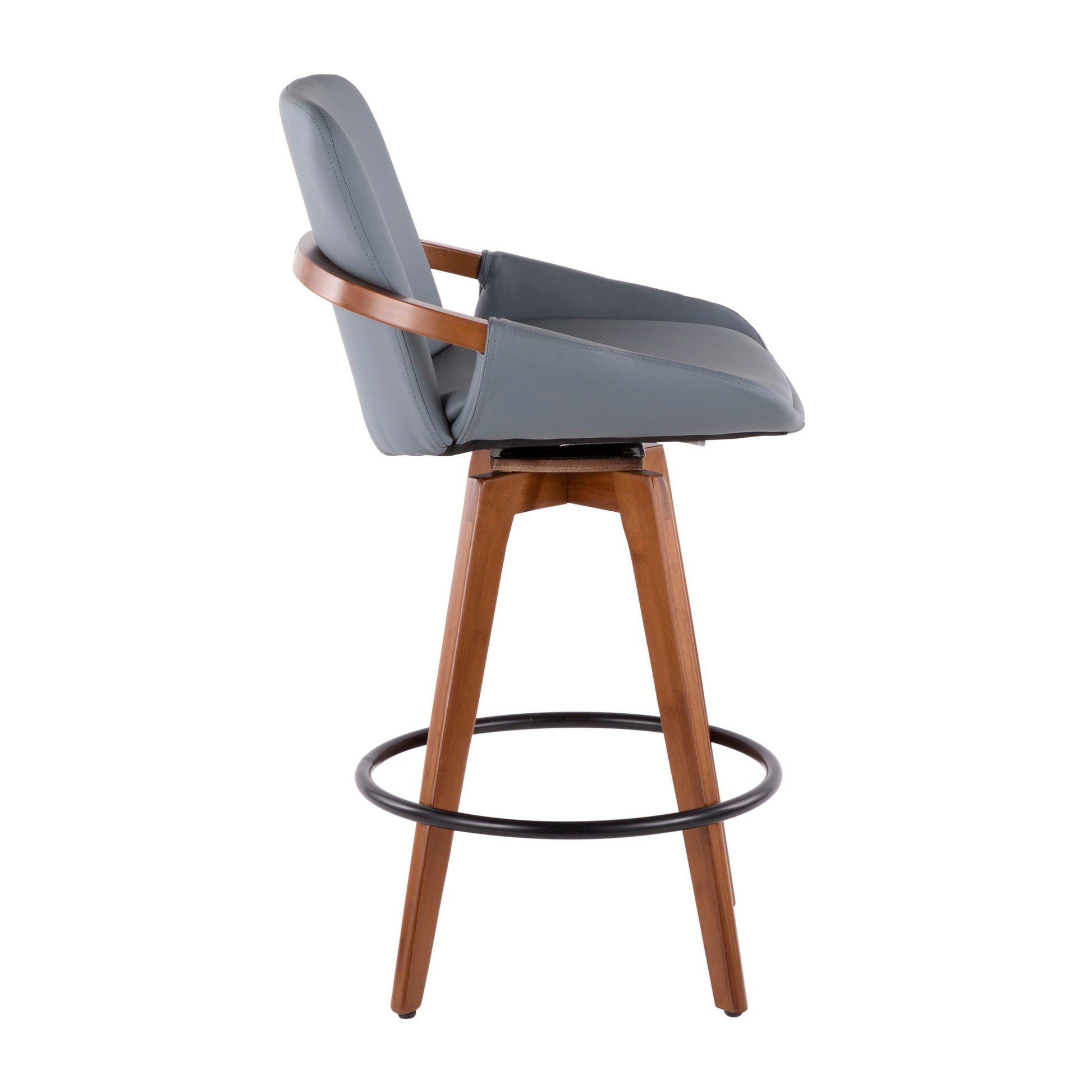 The Cosmo - Mid Century Counter Stool features a padded gray seat and backrest, a wooden frame and legs, and a round black metal footrest, shown in side profile.
