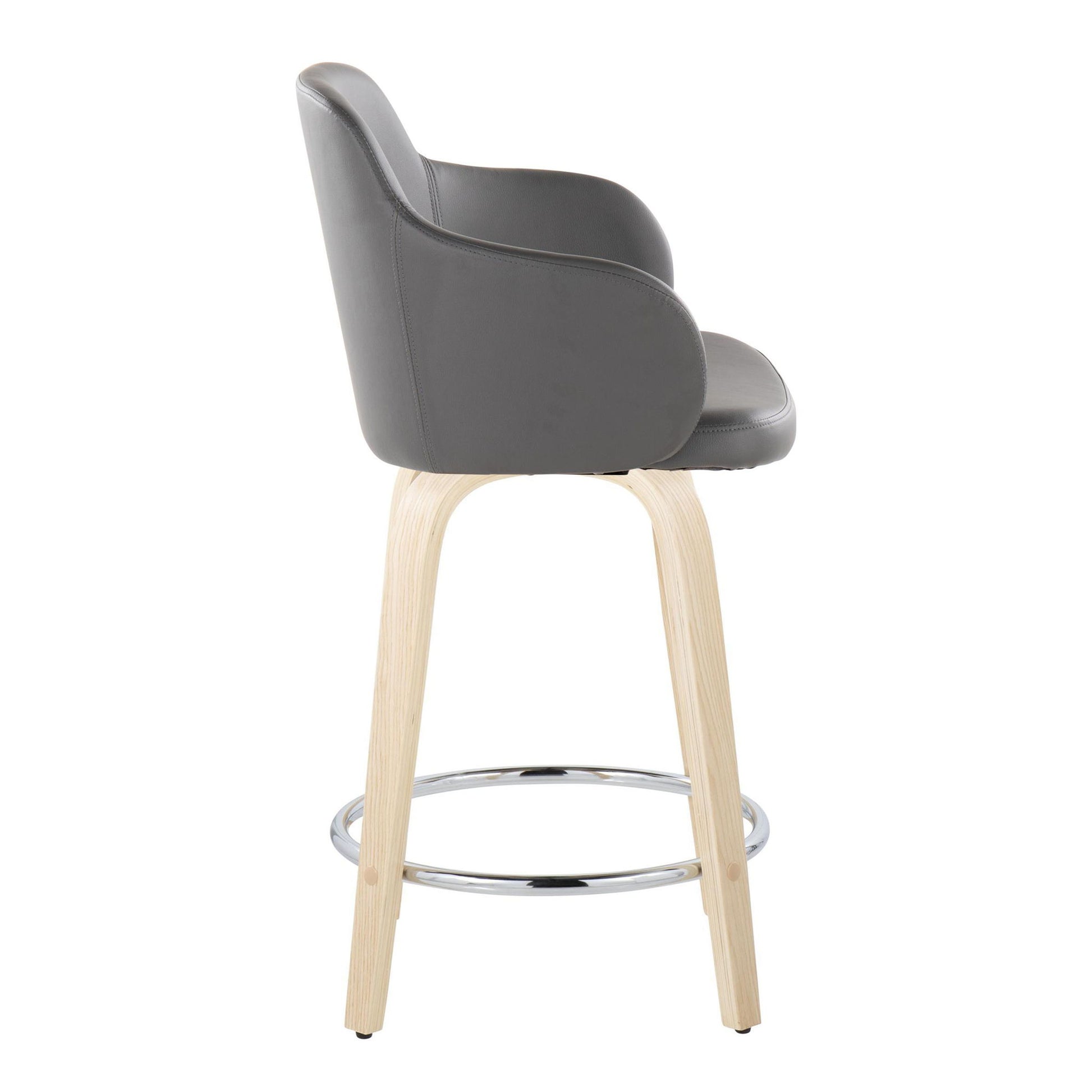 Side view of the Boyne - Contemporary Fixed Height Counter Stool & Swivel (Set of 2) featuring a gray cushioned seat and backrest, light wood legs, and a round chrome footrest.