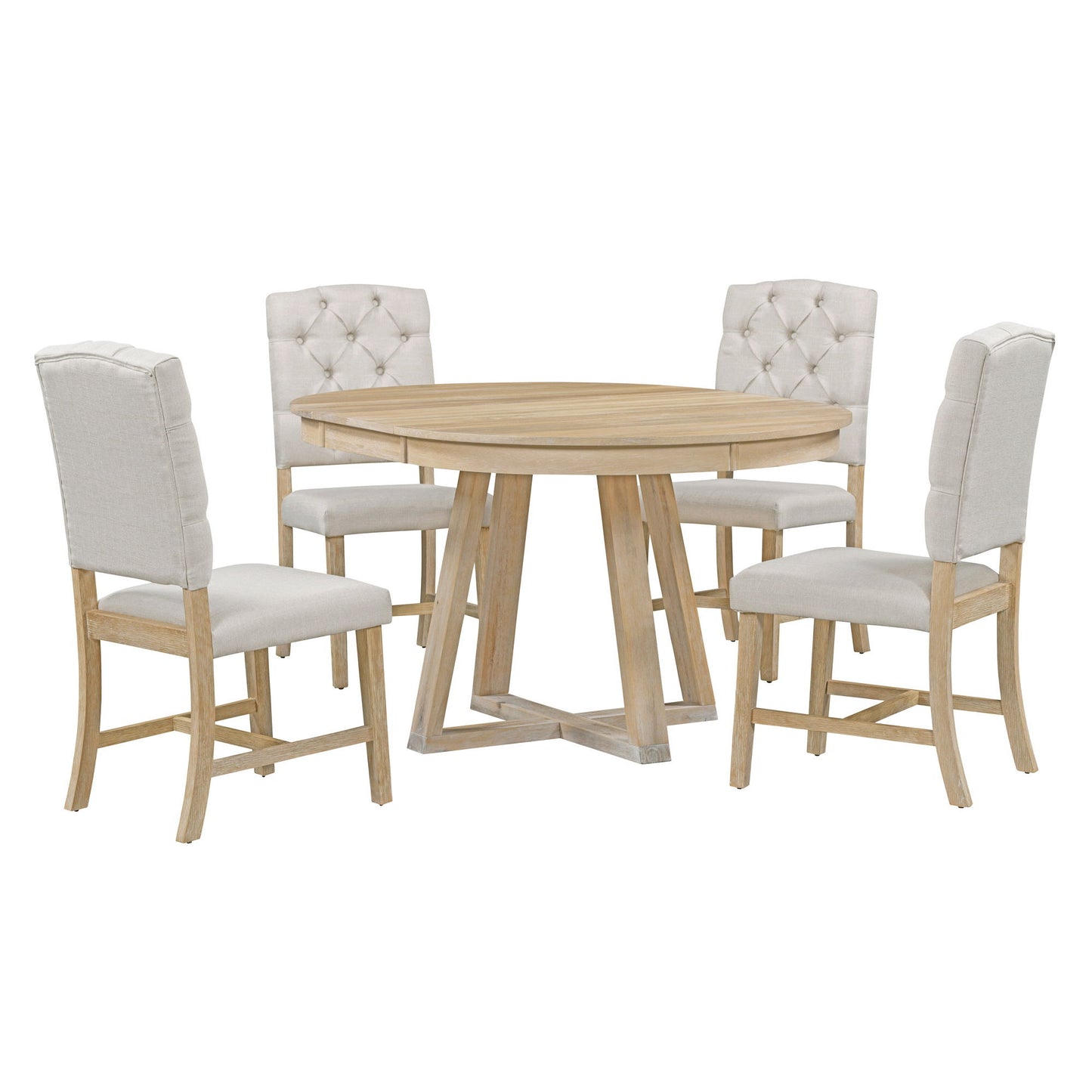 The Retro Functional Dining Set features a round table with leaf and four upholstered chairs in light beige fabric with tufted backs, perfect for dining or living rooms.