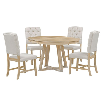 The Retro Functional Dining Set features a round table with leaf and four upholstered chairs in light beige fabric with tufted backs, perfect for dining or living rooms.