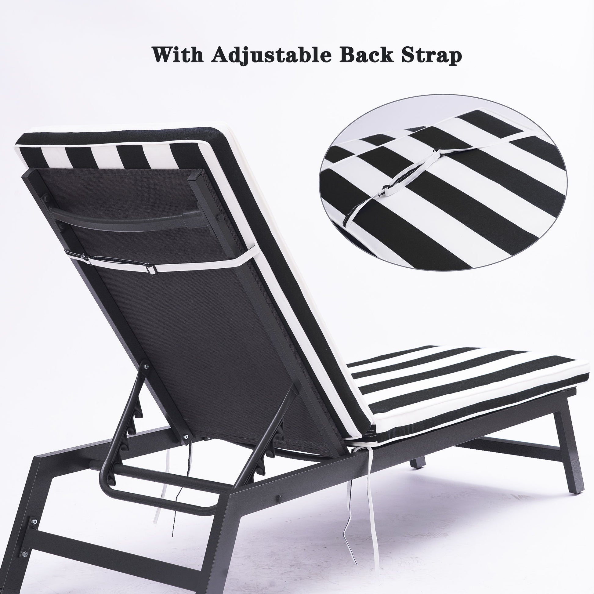 The Outdoor Lounge Chair Cushion Replacement features black and white stripes, a cushion, and an adjustable back strap. A side view is shown, with an inset highlighting the detail of the adjustable back strap feature.
