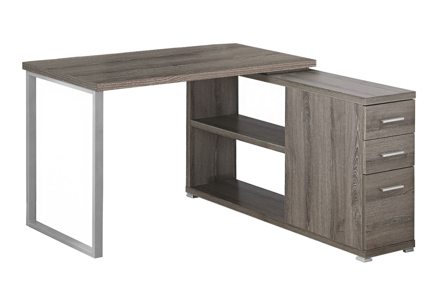 This contemporary L-shaped computer desk features three right-side storage drawers, two central open shelves, a gray finish, and sturdy left-side metal legs—ideal for any home office or modern corner workspace.