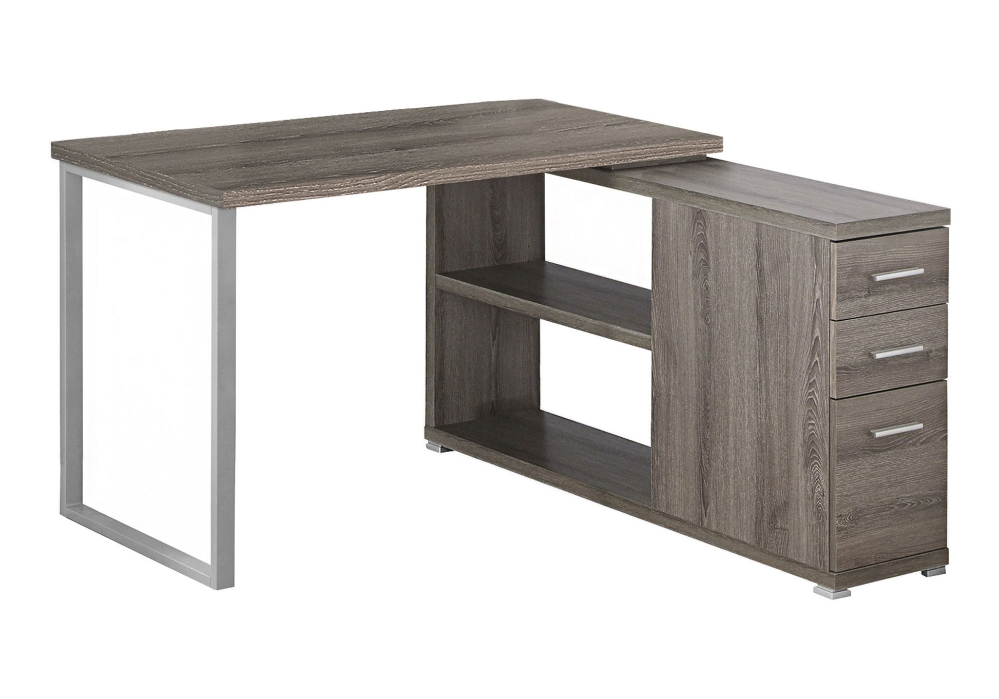 This contemporary L-shaped computer desk features three right-side storage drawers, two central open shelves, a gray finish, and sturdy left-side metal legs—ideal for any home office or modern corner workspace.