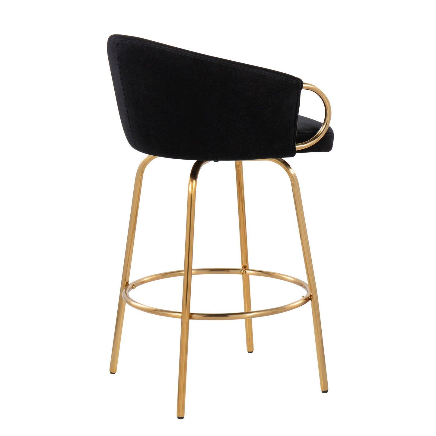 The Claire Contemporary & Glam Counter Stool (Set of 2) features a black upholstered seat, curved backrest with a gold ring accent, and four gold metal legs joined by a circular footrest for a modern touch.