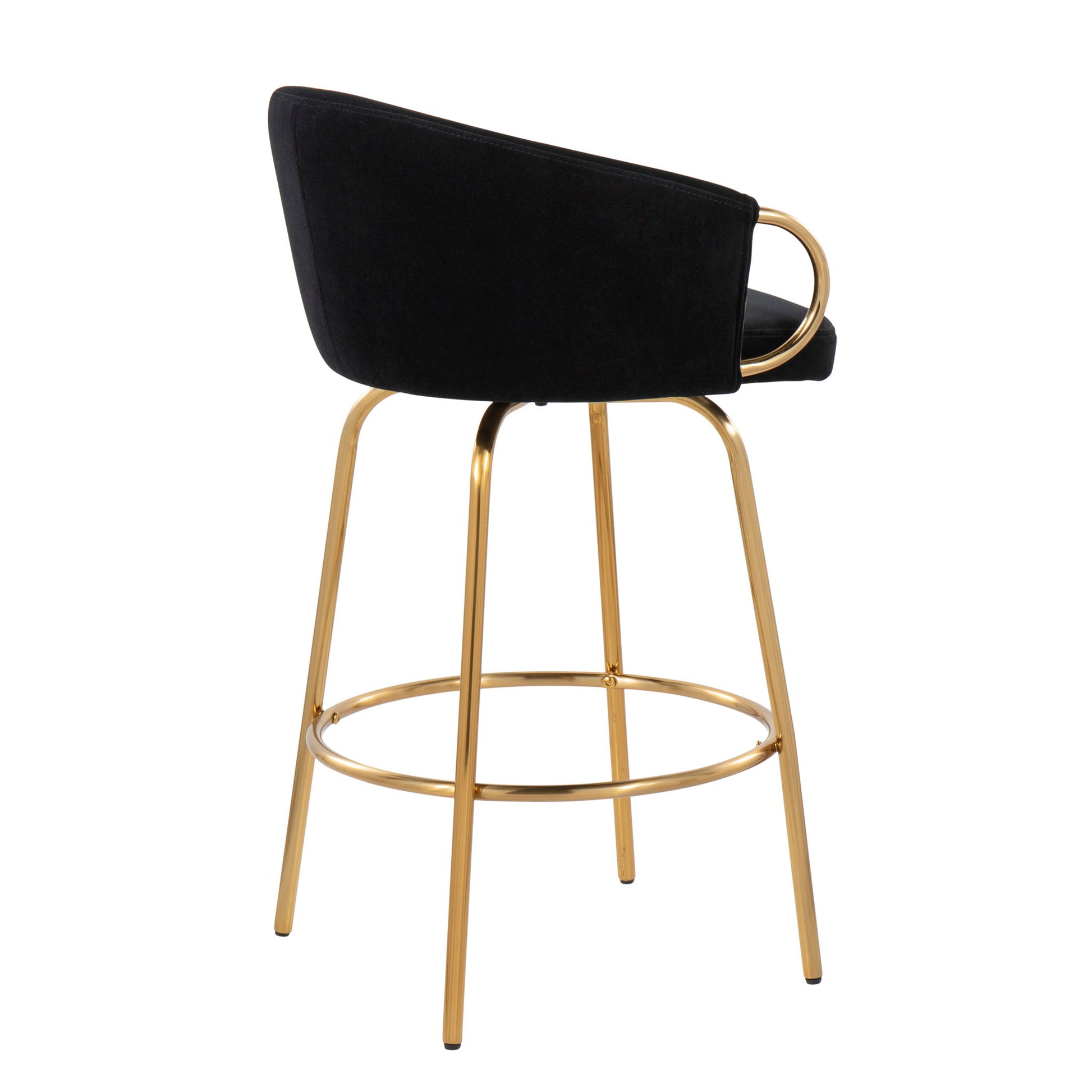 The Claire Contemporary & Glam Counter Stool (Set of 2) features a black upholstered seat, curved backrest with a gold ring accent, and four gold metal legs joined by a circular footrest for a modern touch.