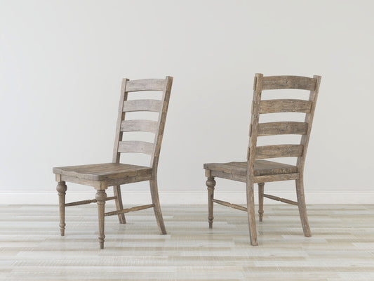 The Ludin Ladderback Dining Chairs (Set of 2, Taupe) feature rustic wood and simple design. Placed on a light wood floor against a plain gray wall, one chair faces forward while the other is turned to the side.