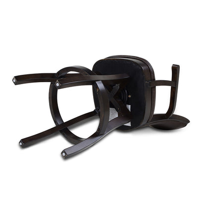 The Williams Swivel Bar Stool With Armrests, featuring a dark wood finish and padded seat, is shown lying on its side on a white background, displaying its underside and legs.