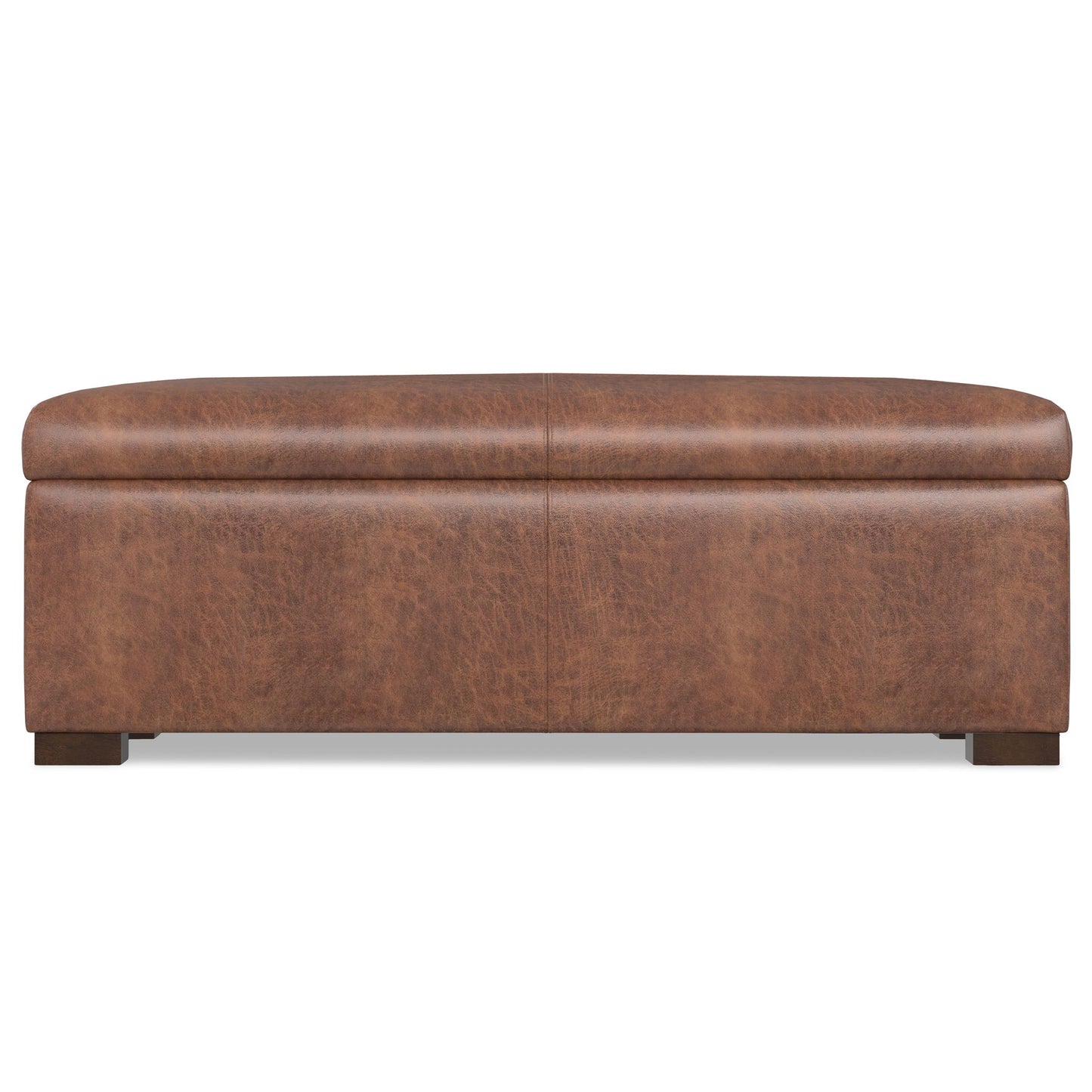 The Gabbie Coffee Table Upholstered Storage Ottoman is rectangular, brown leather with a smooth cushioned top and short dark wooden legs, shown from the front.