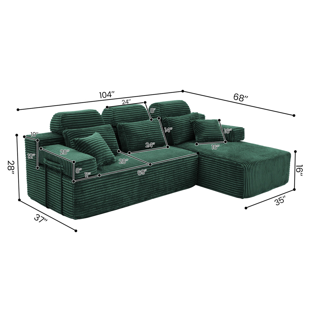 Sectional Sleeper Sofa & Storage Pockets, Modular Couch With Throw Pillows For Living Room