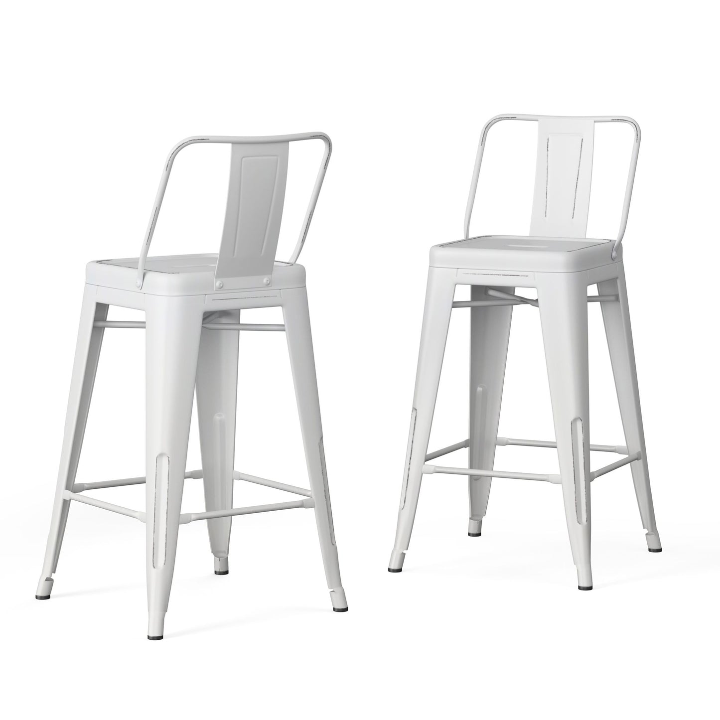 Set of 2 Rayne Curved Back Metal Stools in white, each featuring a footrest and simple industrial design, displayed on a plain white background.