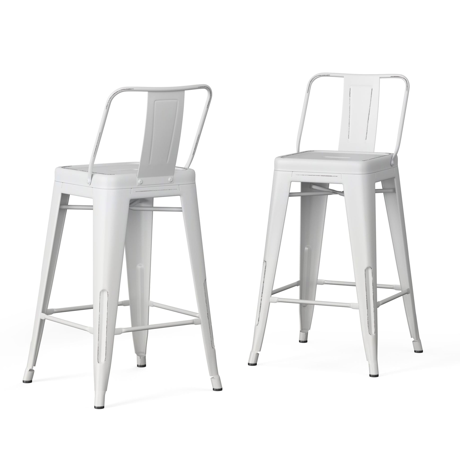 Set of 2 Rayne Curved Back Metal Stools in white, each featuring a footrest and simple industrial design, displayed on a plain white background.