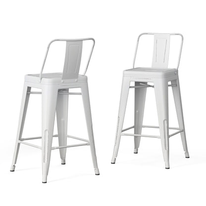 Set of 2 Rayne Curved Back Metal Stools in white, each featuring a footrest and simple industrial design, displayed on a plain white background.