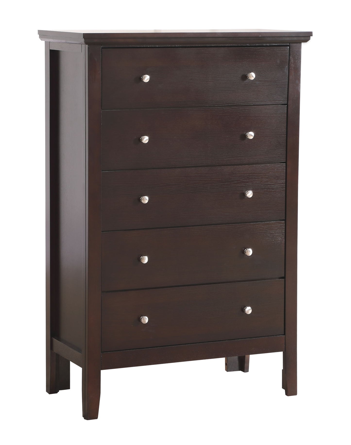The Primo - Chest is a tall, dark brown wooden dresser with five drawers, each with two round silver knobs. Featuring a simple modern design, straight edges, and four legs, it's perfect for stylish storage.