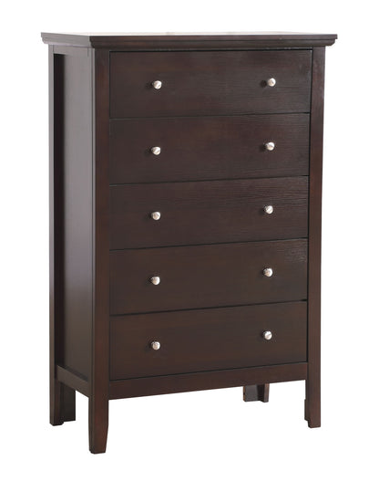 The Primo - Chest is a tall, dark brown wooden dresser with five drawers, each with two round silver knobs. Featuring a simple modern design, straight edges, and four legs, it's perfect for stylish storage.