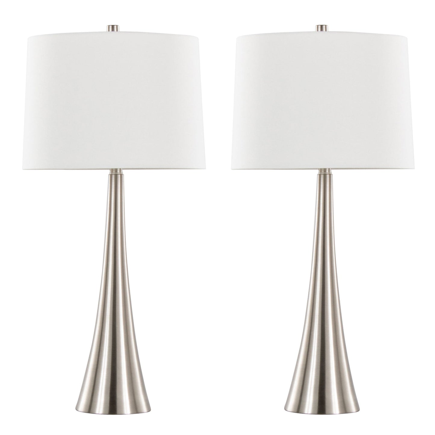 The Diana - Contemporary Table Lamp (Set of 2) features brushed metal bases and tall, white drum lampshades, shown side by side against a plain white background.