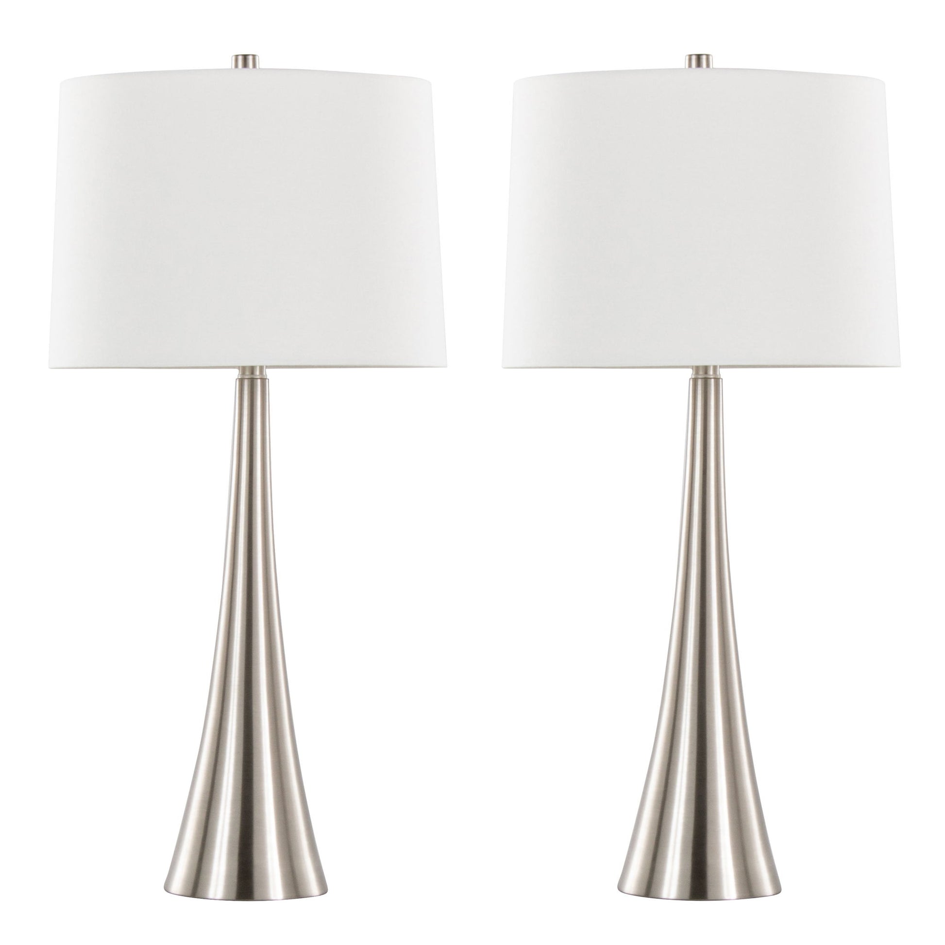 The Diana - Contemporary Table Lamp (Set of 2) features brushed metal bases and tall, white drum lampshades, shown side by side against a plain white background.
