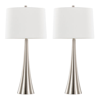 The Diana - Contemporary Table Lamp (Set of 2) features brushed metal bases and tall, white drum lampshades, shown side by side against a plain white background.