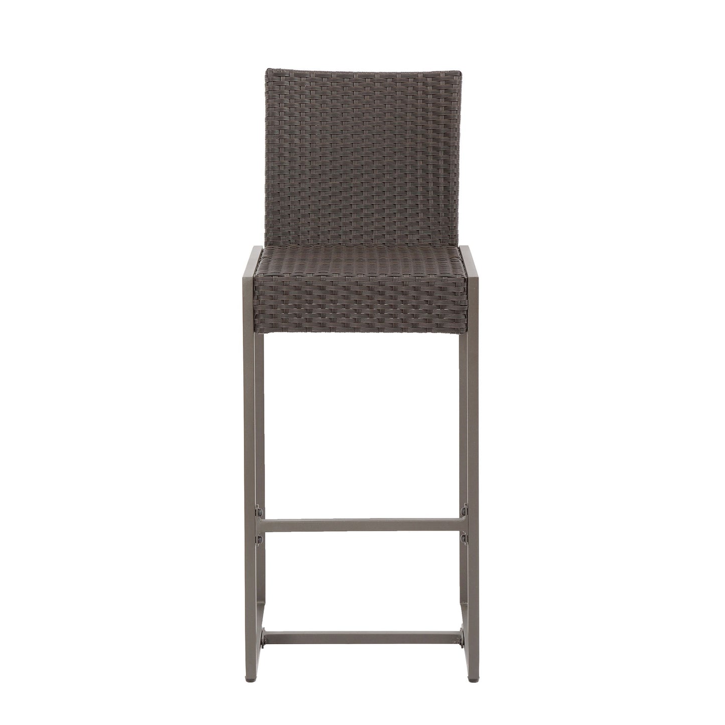 A set of 2 outdoor barstools with hand-crafted details, featuring woven brown rattan seat and backrest, sturdy metal frame with footrest, shown against a plain white background.