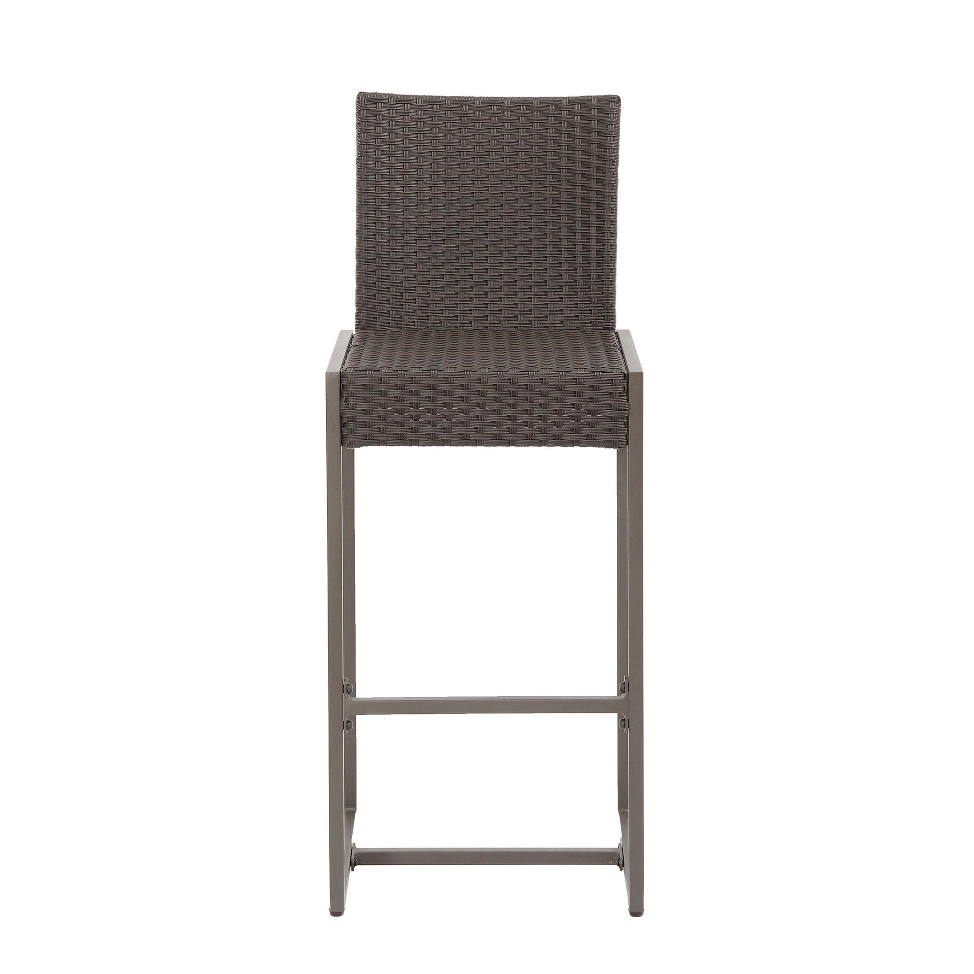A set of 2 outdoor barstools with hand-crafted details, featuring woven brown rattan seat and backrest, sturdy metal frame with footrest, shown against a plain white background.