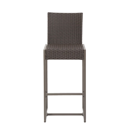 A set of 2 outdoor barstools with hand-crafted details, featuring woven brown rattan seat and backrest, sturdy metal frame with footrest, shown against a plain white background.