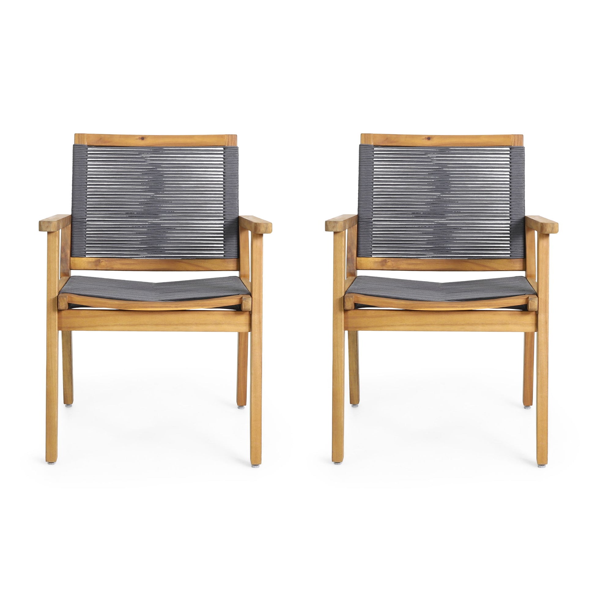 A set of two Outdoor Dining Chairs features dark gray woven rope backs and seats with armrests, shown side by side against a white background.
