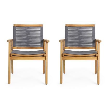 A set of two Outdoor Dining Chairs features dark gray woven rope backs and seats with armrests, shown side by side against a white background.