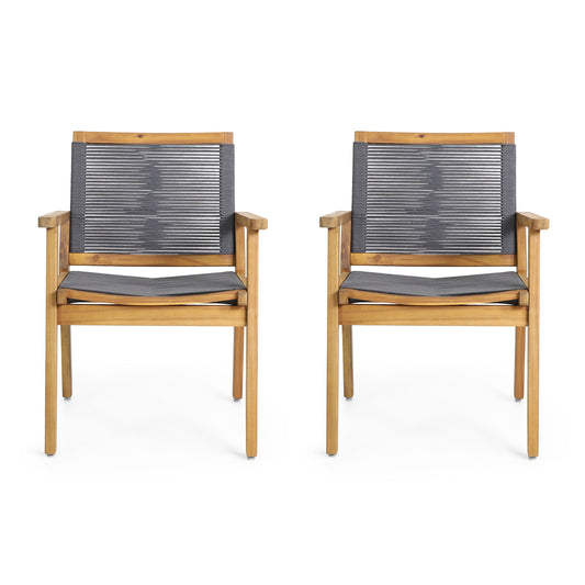 A set of two Outdoor Dining Chairs features dark gray woven rope backs and seats with armrests, shown side by side against a white background.