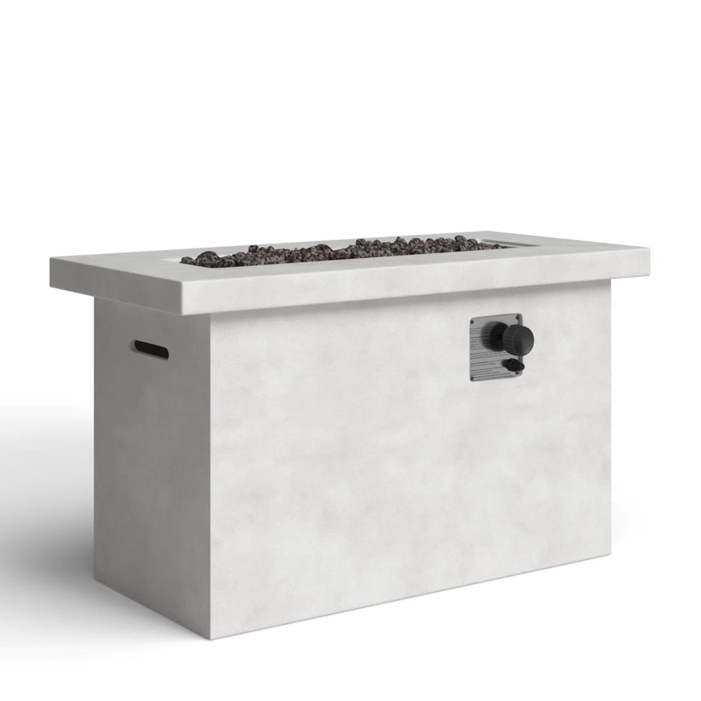The Propane / Gas Outdoor Fire Pit Table features a rectangular modern design with a smooth white finish, front control knob, side handles, and a top filled with dark lava rocks.