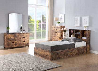 A modern bedroom with a bed featuring a Bookcase Headboard with 6 shelves, 3 adjustable shelves, and rounded corners. Large windows let in natural light, and a light gray rug covers the floor.