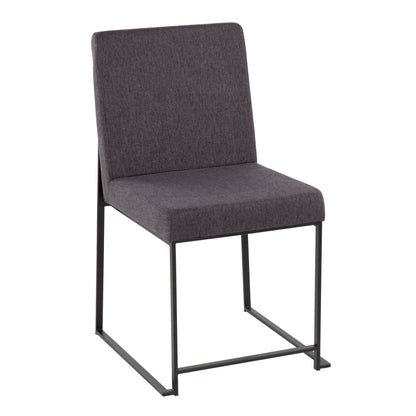 The Fuji Dining Chair set blends contemporary modern elegance with high-back design, featuring dark gray upholstery and a minimalist black metal sled frame.
