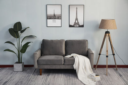 A modern living room features the Comfortable Loveseat With Durable Construction, a white blanket, open book, two Eiffel Tower prints, tall floor lamp, potted plant, and stacked books on a light-striped rug.