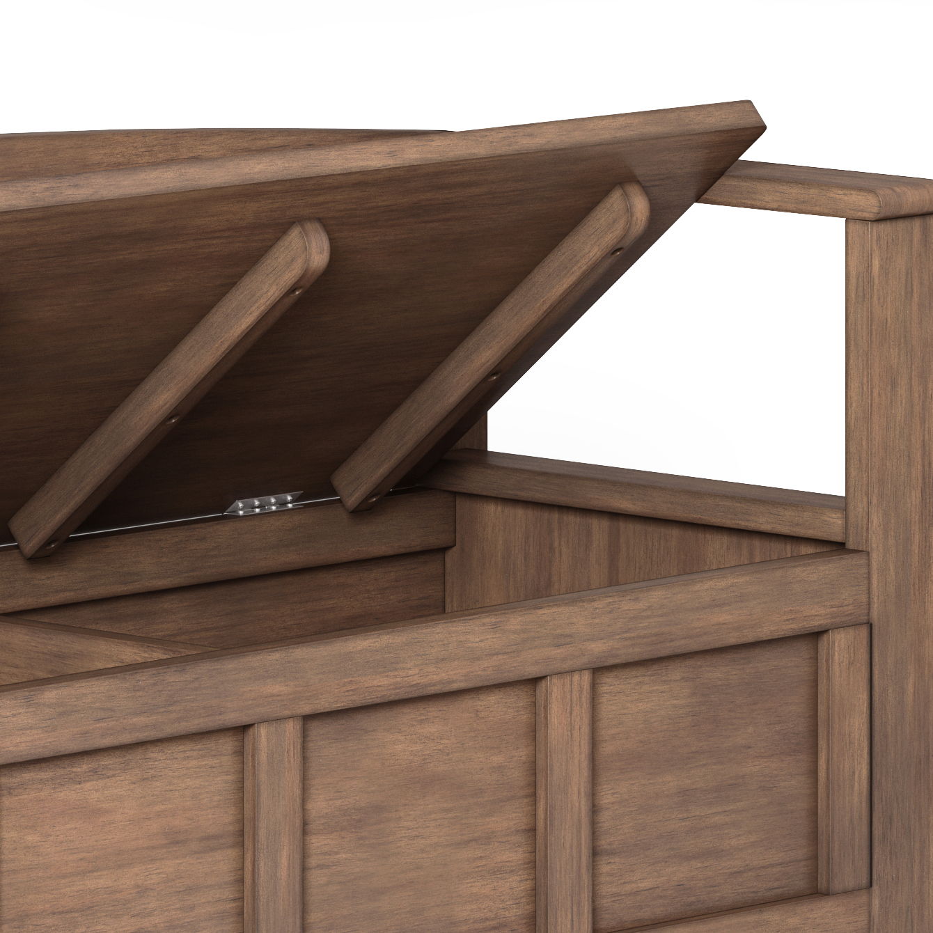 The Adams Entryway Storage Bench in Rustic Natural Aged Brown features a paneled design, a lift-up seat with hidden storage, and two support arms to keep the lid open.