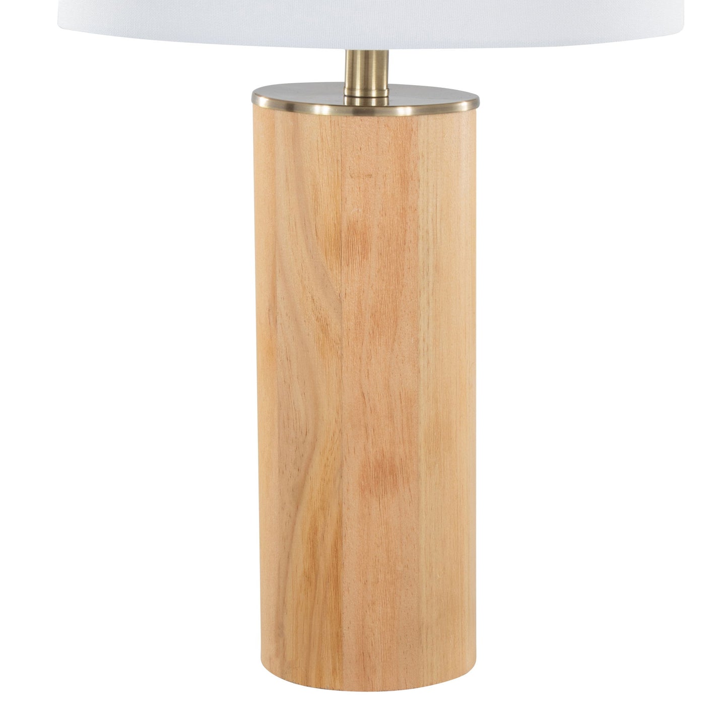 The Cylinder - Ash Contemporary Table Lamp features a cylindrical ash base, antique brass accents, and a white lampshade for a minimalist, modern look.