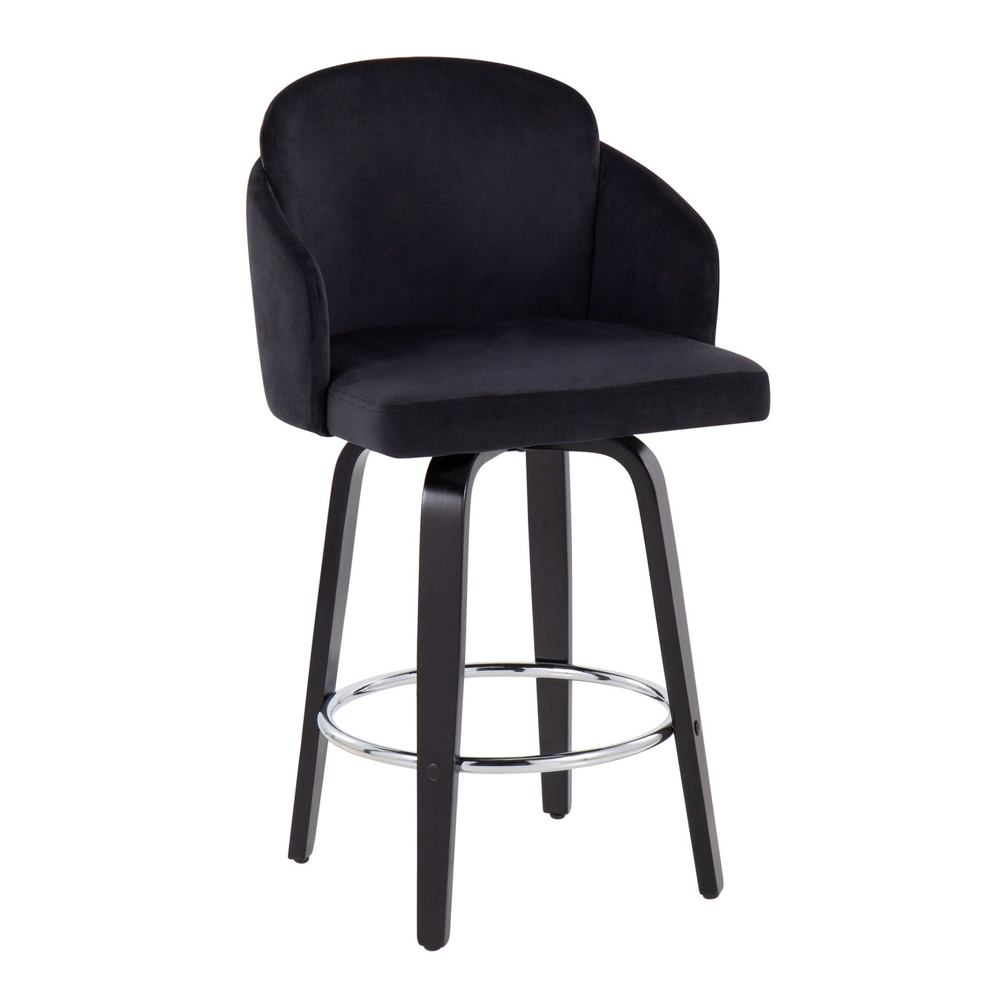The Dahlia Contemporary Counter Stool (Set of 2) features a modern black design with a curved backrest, cushioned seat, four wooden legs, and a round chrome footrest.