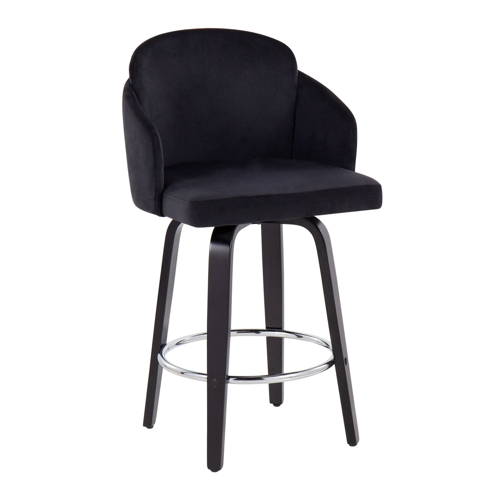 The Dahlia Contemporary Counter Stool (Set of 2) features a modern black design with a curved backrest, cushioned seat, four wooden legs, and a round chrome footrest.