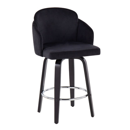 The Dahlia Contemporary Counter Stool (Set of 2) features a modern black design with a curved backrest, cushioned seat, four wooden legs, and a round chrome footrest.