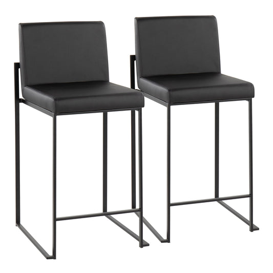 Set of two Fuji high back counter stools in modern black, featuring padded seats and backs, sleek metal frames with footrests, and a minimalist contemporary design.