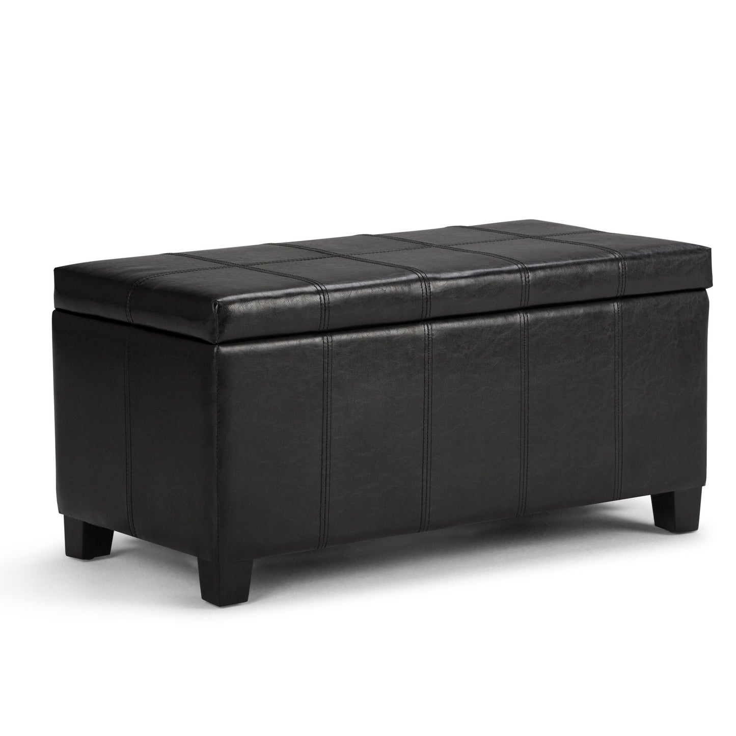 The Dover Upholstered Storage Ottoman Bench is a rectangular black leather bench with a cushioned lid and short legs, designed for seating or storage.