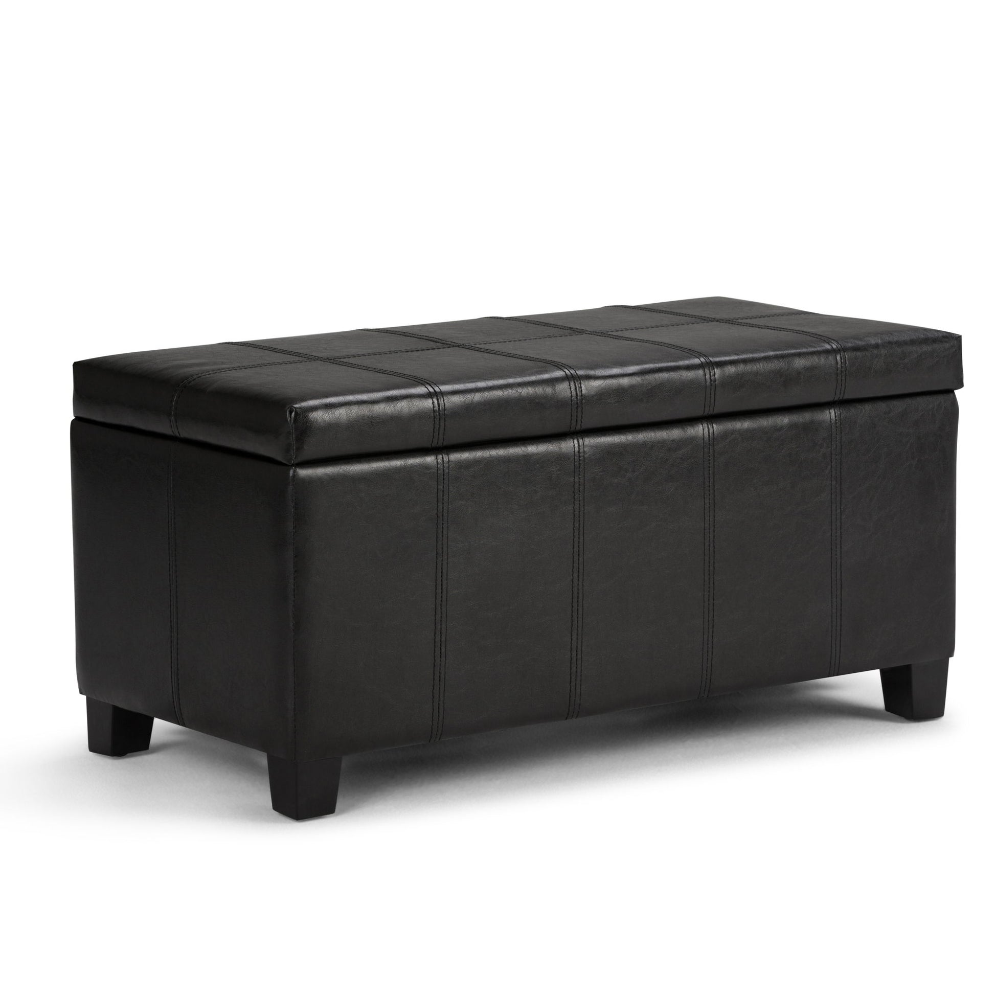 The Dover Upholstered Storage Ottoman Bench is a rectangular black leather bench with a cushioned lid and short legs, designed for seating or storage.