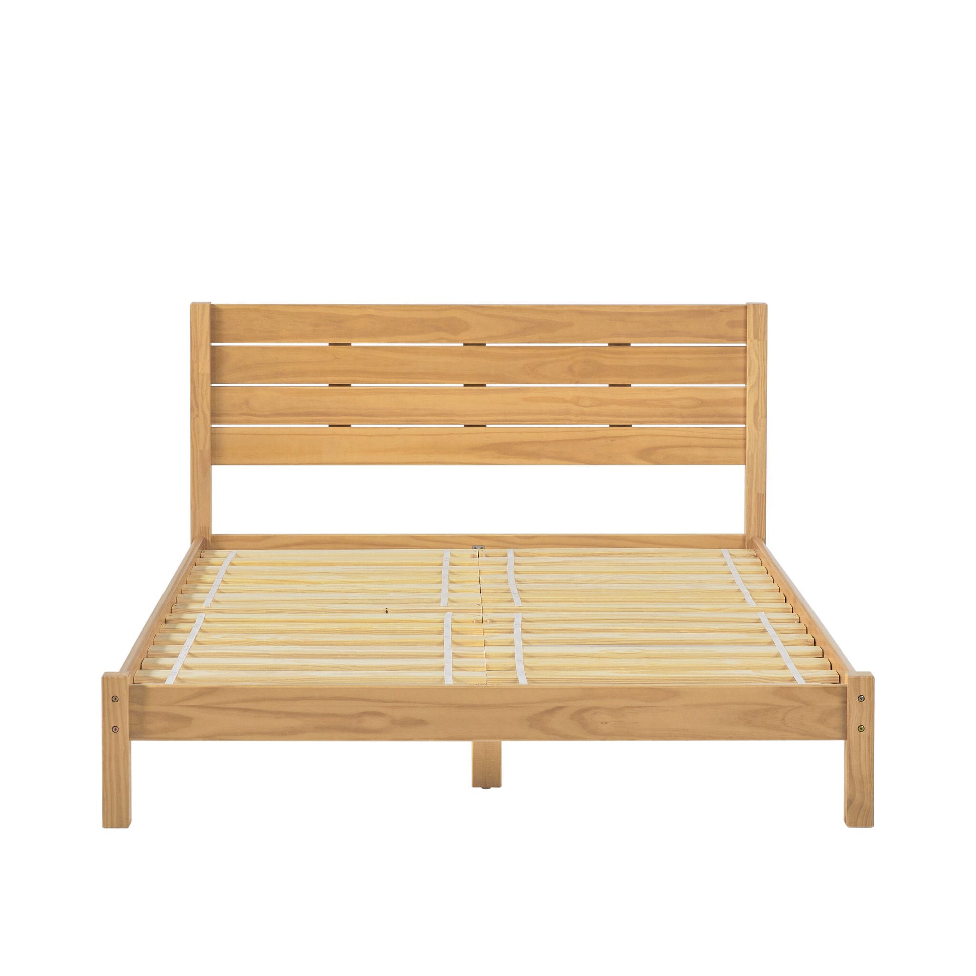 The Modern Minimalist Boho Bedframe features a slatted headboard and base, displayed from the front against a plain white background. It has a natural light wood finish and is pictured without a mattress.