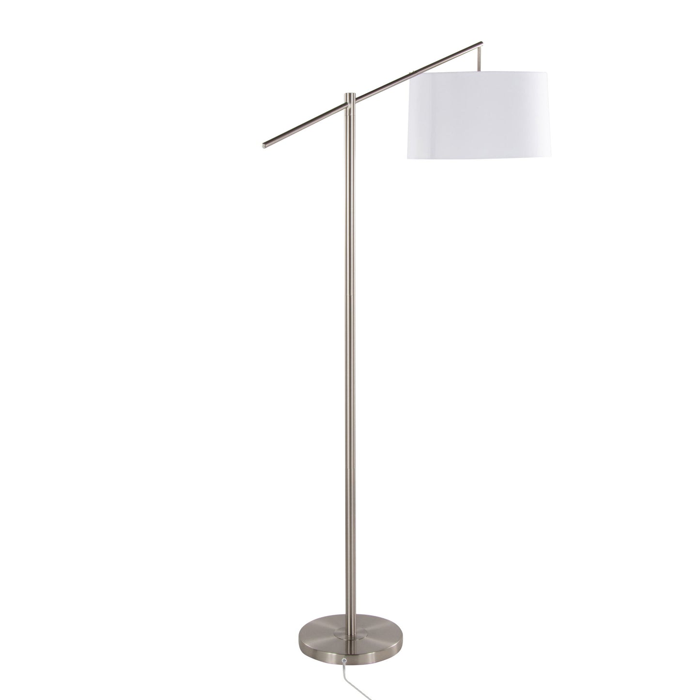 The Casper - Contemporary Floor Lamp features a brushed metal stand, round base, and asymmetrical arm supporting a white cylindrical shade. Its power cord is visible at the base for easy access.