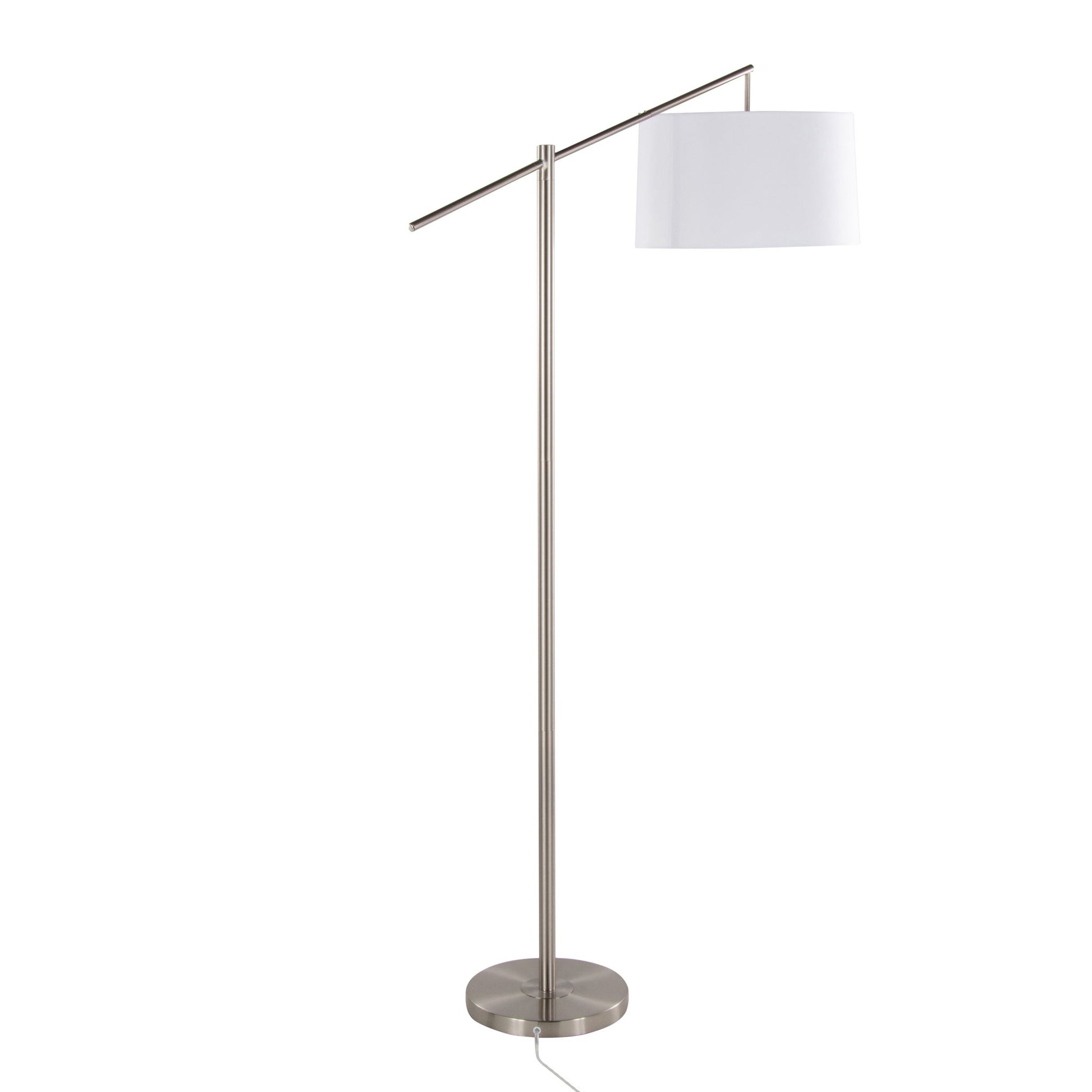 The Casper - Contemporary Floor Lamp features a brushed metal stand, round base, and asymmetrical arm supporting a white cylindrical shade. Its power cord is visible at the base for easy access.