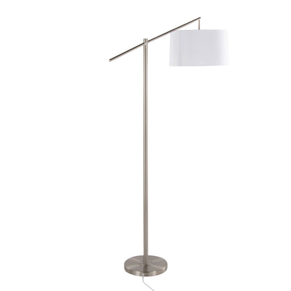 The Casper - Contemporary Floor Lamp features a brushed metal stand, round base, and asymmetrical arm supporting a white cylindrical shade. Its power cord is visible at the base for easy access.